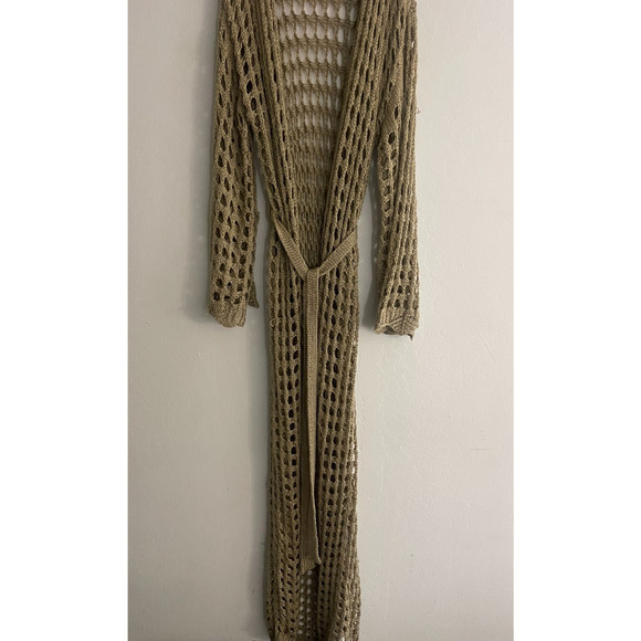J Lux Label Cardigan Sweater L Khaki Taupe Crochet Knit Belt Long Duster Cover - Picture 4 of 8